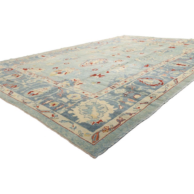 51856 Modern Blue Turkish Oushak Rug, 11’02 x 15’07. A vision of tranquility and elegance, this hand-knotted wool modern...