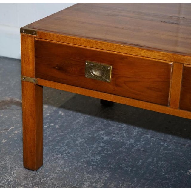 Wood Vintage Military Campaign Yew Wood and Brass 3 Drawer Coffee Table For Sale - Image 7 of 14