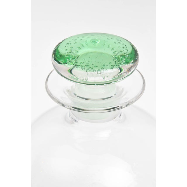 Mid-Century Modern Blown Glass Decanter, Green Base Controlled Bubble Design. Newer - A Pair For Sale - Image 3 of 9