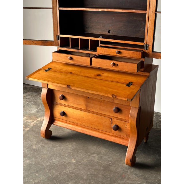 Pine Fall-Front Secretary Desk With Glass-Front Bookcase, Circa 1840s For Sale - Image 11 of 18