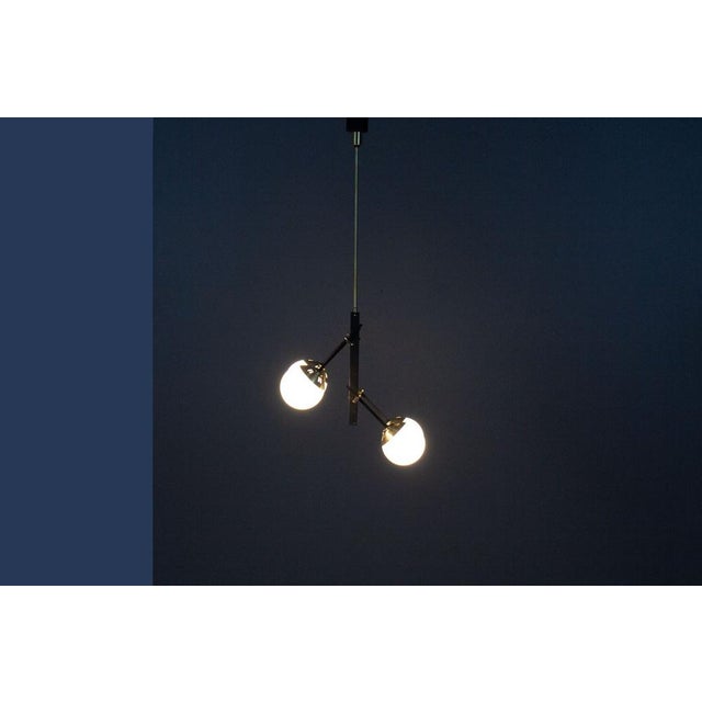 Vintage Pendant Light in Black Metal, Brass & Opaline Glass, 1950s For Sale - Image 9 of 10