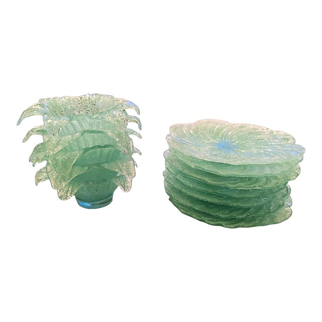 Murano "Fratelli Toso" Sea Foam Green Glass 7 Salad Plates and 5 Petal Shaped Fruit Bowls For Sale