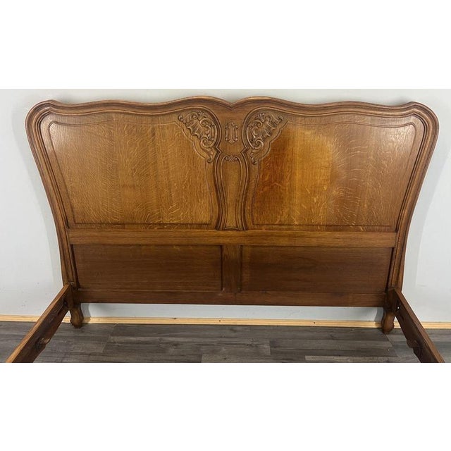 Wood Vintage French Louis XVI Style Oak Double Bed Frame with Carved Headboard For Sale - Image 7 of 11