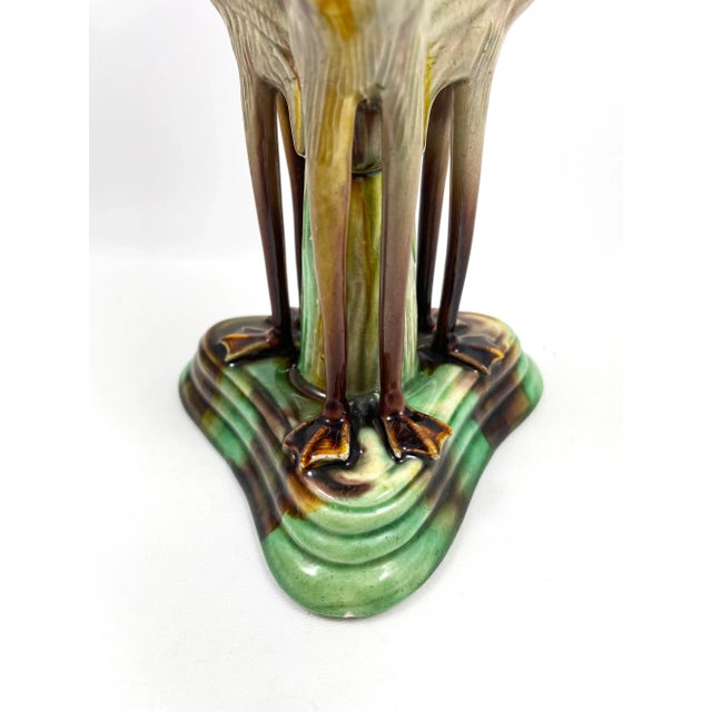 Goldenrod Antique Late 19th Century Portuguese Manuel Mafra Majolica Candlestick, Storks With Ochre Leaves & Green Base For Sale - Image 8 of 9