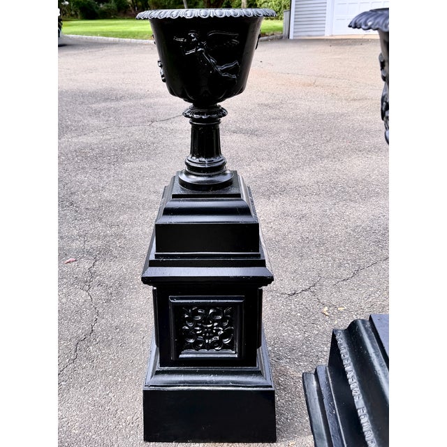 Large Antique Black Cast Iron Garden Urns on Pedestals, Pair, Circa 1900 For Sale - Image 4 of 18
