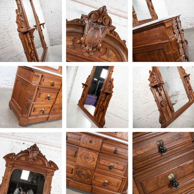 Antique Victorian Mirrored Dresser in Walnut & Burl Walnut With White Marble Top For Sale - Image 11 of 13