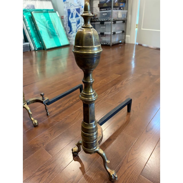 American 19th Century Antique American Brass and Cast Iron Fireplace Andirons W. Ball and Claw Feet For Sale - Image 3 of 12