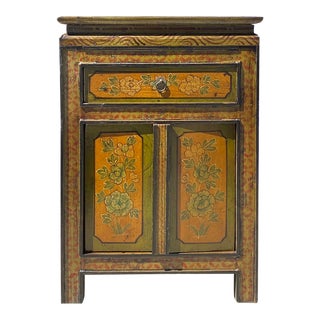 Rustic Olive Green Mustard Yellow Floral Graphic End Table Nightstand For Sale