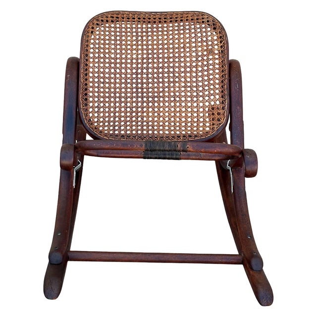 Victorian Antique Vienna Secession Bent Oak & Caine Rocking Foot Stool W/ Braces Attributed to Thonet No.7001 For Sale - Image 3 of 7