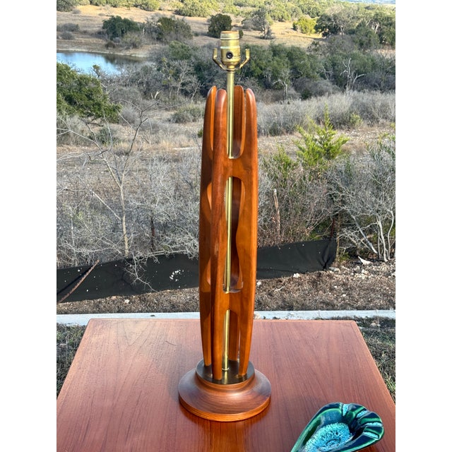 Pair of Vintage C. 1960s Mid Century Modern Sculptural Walnut & Brass Table Lamps. Dimensions: 29"h x 7.5"w