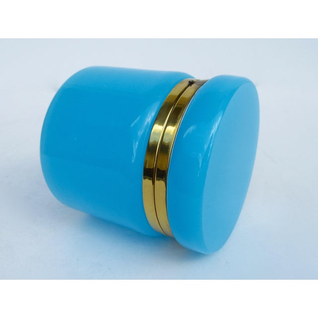 C.1920's-30's French Blue Opaline Lidded Round Brass Trimmed Lidded Keepsake Box For Sale - Image 10 of 12