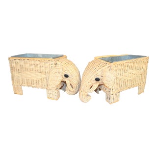 Boho Chic Wicker Elephant Basket Planters - a Pair For Sale