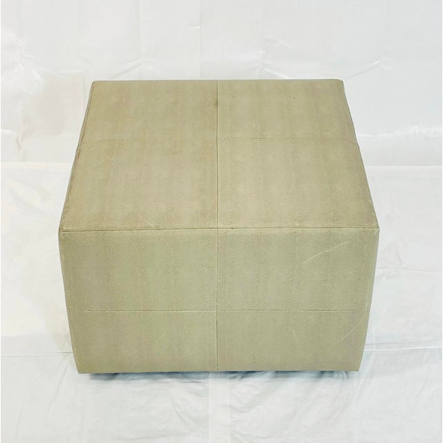 Wood Vintage Faux Shagreen Upholstered Cube Ottoman Bench on Wood Plinth For Sale - Image 7 of 18