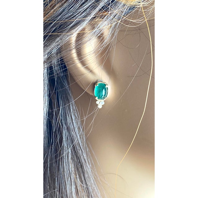14k Yellow Gold Colombian Cabochon Emerald and Diamond Drop Bezel Set Earrings, A Pair For Sale - Image 4 of 9