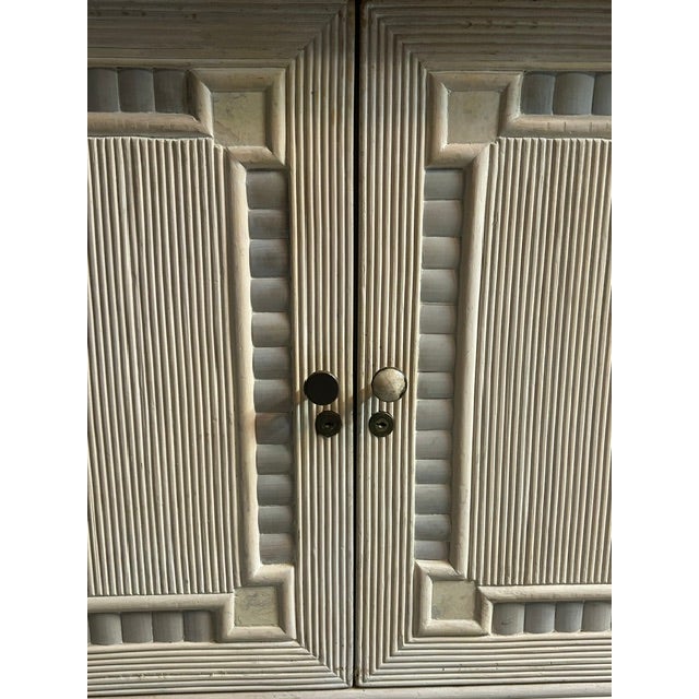 Late 19th Century Coastal Reeded Bamboo Buffet Cabinet Travertene Top and Display Hutch For Sale In Tampa - Image 6 of 6