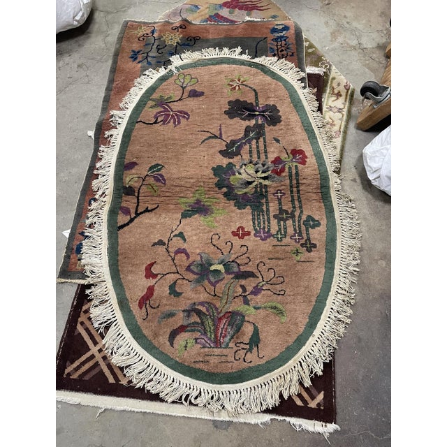 Textile Antique 1920s Chinese Art Deco Oval Rug, Floral, 3'1" X 5'2" (95cm X 158cm) For Sale - Image 7 of 7