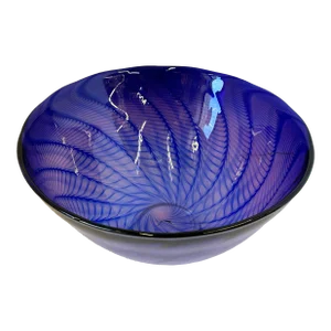 Signed 1991 Robinson Scott Handblown Art Glass Bowl – Iridescent Purple-Blue With Pink Spiral Pattern