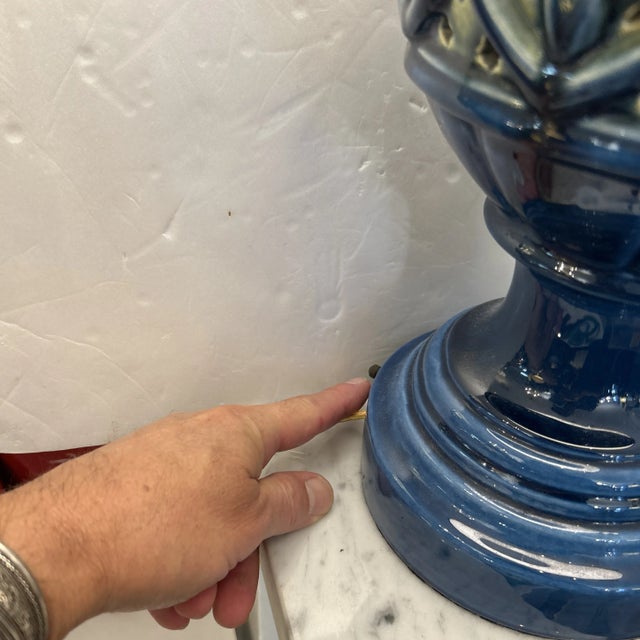 Mid 20th Century Blue Ceramic Openwork Tabletop Lamp With Top and Bottom Light Sources For Sale - Image 5 of 11