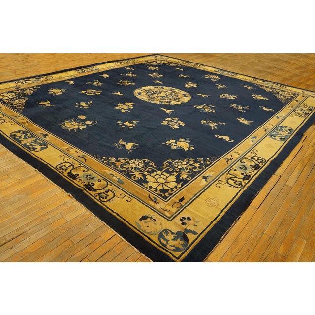 Traditional Special Flowers Bordering a Medallion in the Center in a Navy Background Color Antique Chinese Peking Rug For Sale - Image 3 of 4