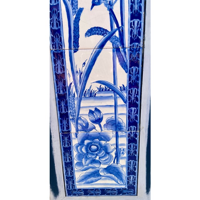 Pair of Framed Hand-Painted Chinoiserie Blue & White Ceramic Tile Panels From a Hollywood Props House For Sale - Image 10 of 11