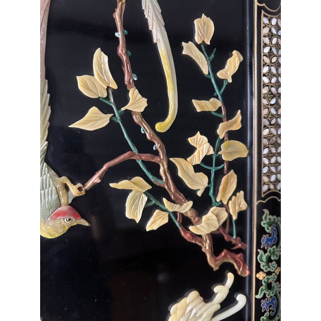 Vintage Chinese Five-Panel Black Lacquer Hardstone Inlaid Crane Room Divider Screen For Sale - Image 11 of 12