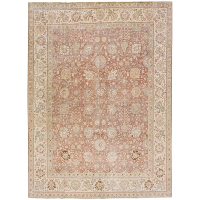 Textile 1960s Handmade Antique Persian Tabriz Rust Wool Rug With Floral Design For Sale - Image 7 of 7