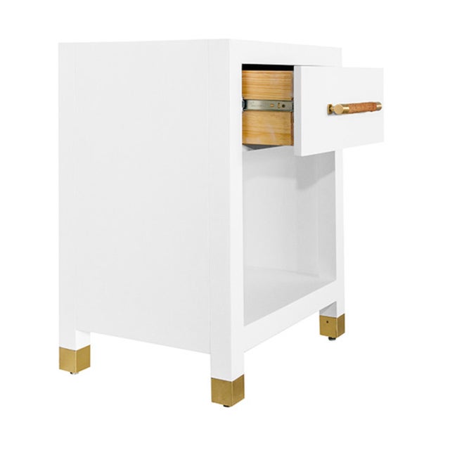 Contemporary Matthew Izzo Home Pelham Matte White Lacquer One Drawer Side Table With Brass and Wrapped Rattan Handle For Sale - Image 3 of 6