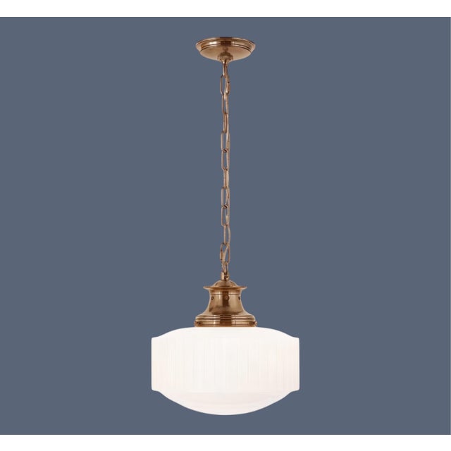 Metal Thomas O'Brien for Visual Comfort Signature Milton Road Flush Mount in Hand-Rubbed Antique Brass With Ribbed White Glass For Sale - Image 7 of 18