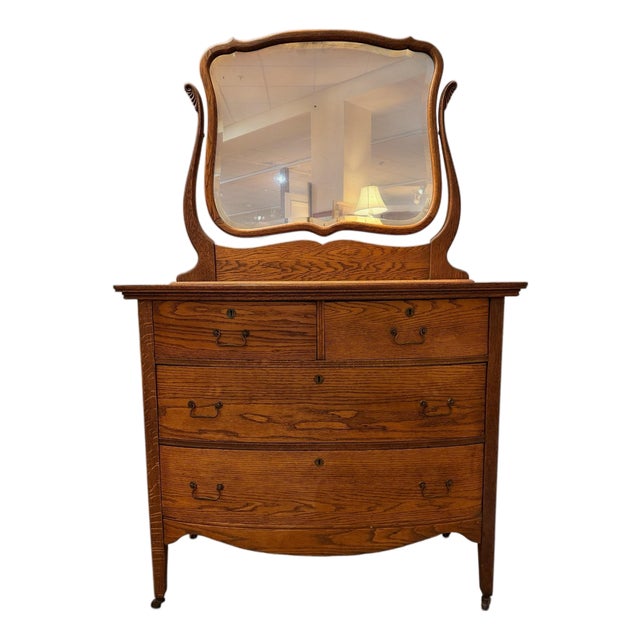 Antique American Quarter-Sawn Oak Serpentine Dresser With Wishbone Mirror For Sale
