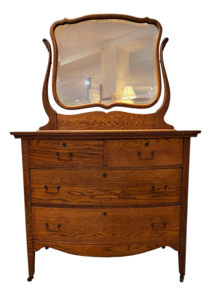 Antique American Quarter-Sawn Oak Serpentine Dresser With Wishbone Mirror