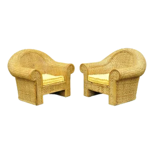 Late 20th Century Ralph Lauren Attributed Large Woven Wicker Rattan Club Lounge Chairs - a Pair