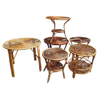 Small Italian Wicker Tables, 1950s, Set of 6 For Sale