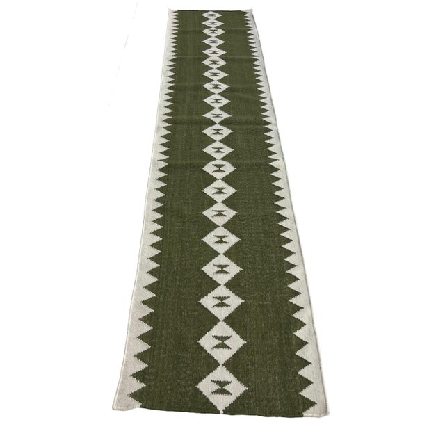 Handmade New Zealand Wool Dhurrie Runner, Olive Green and Cream Geometric Runner Rug- 2'x10' For Sale - Image 9 of 12