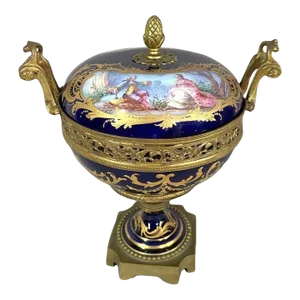 Antique 19th Century French Sevres Potpourri Coupe in Blue, Bronze, and Scenery