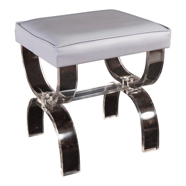 1980s Modern Clear Lucite X-Form Stretcher Base Vanity Bench For Sale