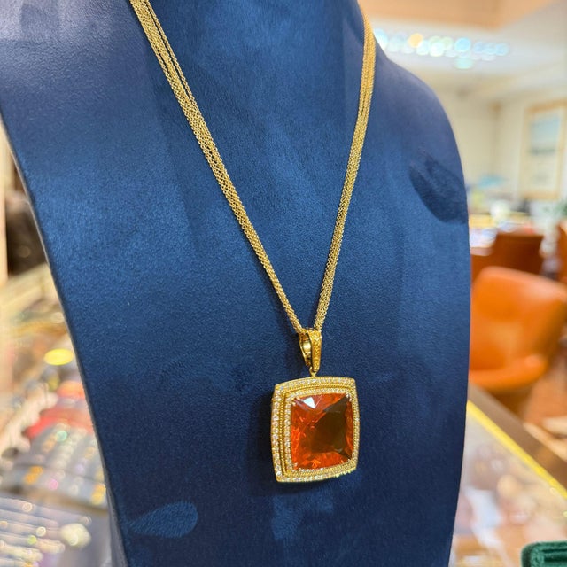 Orange Gia Certified 20.61 Carat Orange Opal 18k Gold Diamond Pendant Necklace For Sale - Image 8 of 12