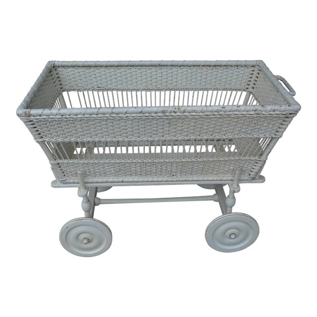 Vintage White Woven / Wicker & Wood Rolling Basket / Cart W/ Lift Out Large Basket For Sale