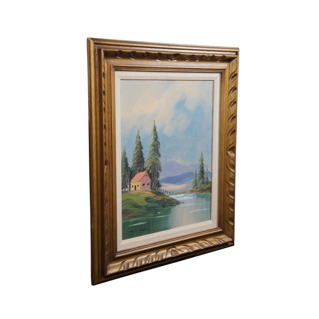 Realism Vintage Country Cottage Lake Landscape Oil Painting on Canvas 29" For Sale - Image 3 of 10