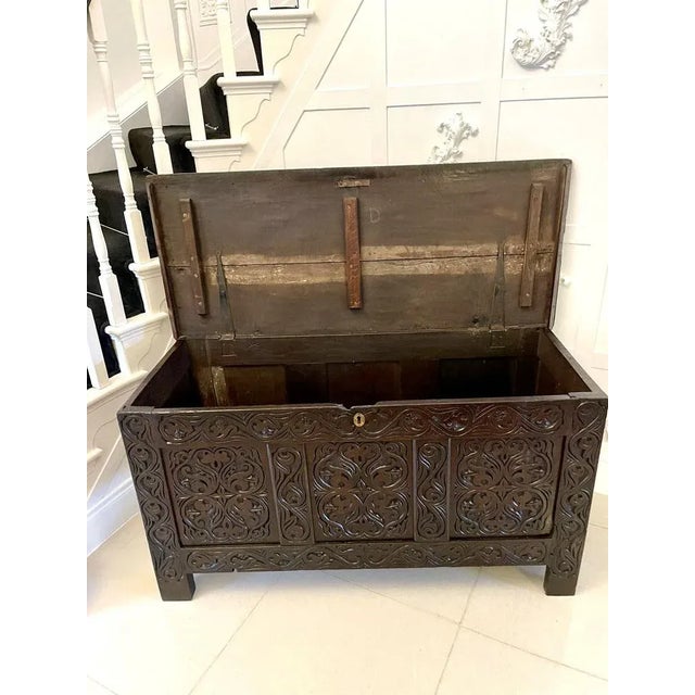 Carved Oak Coffer or Chest, 1720 For Sale - Image 3 of 10