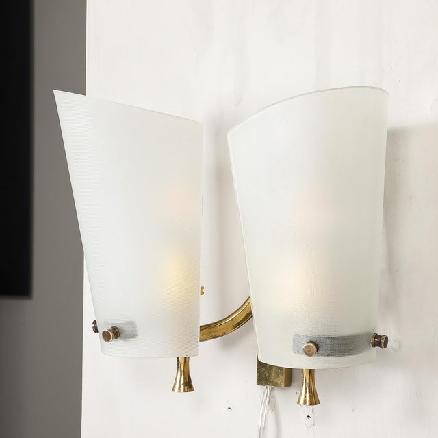 1960s Italian Mid-Century Double Shaded Textured Glass & Brass Wall Sconces - a Pair For Sale - Image 17 of 17