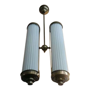 Vintage Art Deco Skyscraper Hanging Chandelier Fixture in Brass & Milk Glass