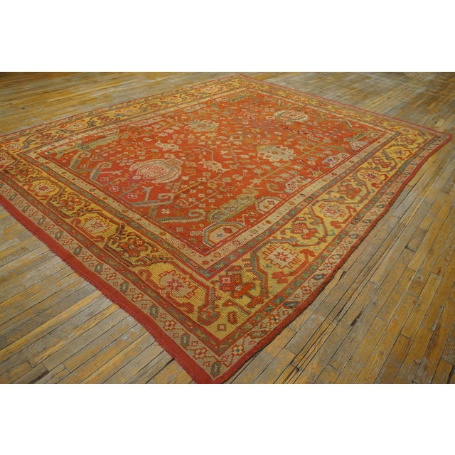 19th Century Impressive Coral Red With Palmettes Cross Pattern Antique Turkish Oushak Rug For Sale - Image 5 of 12