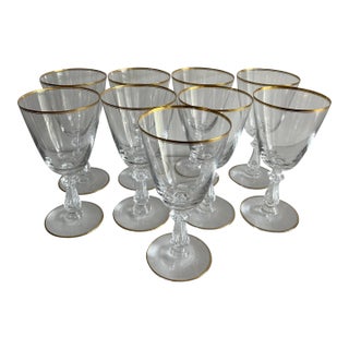 1960s Val Saint Lambert Signed Water Goblets Gold Rimmed Stemware - Set of 10 For Sale