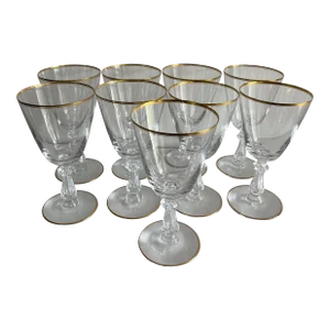 1960s Val Saint Lambert Signed Water Goblets Gold Rimmed Stemware - Set of 10