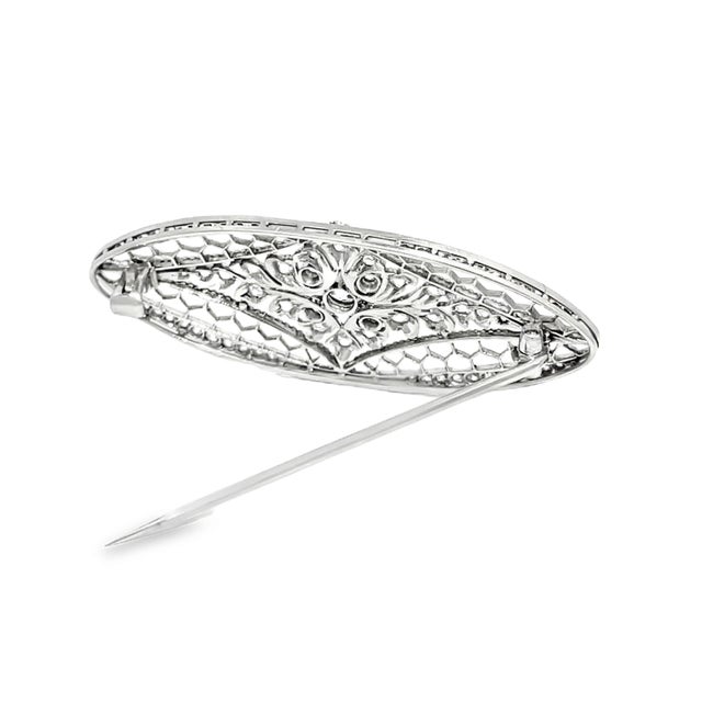 Metal Platinum Vintage Filigree Style Diamond Brooch For Sale - Image 7 of 10