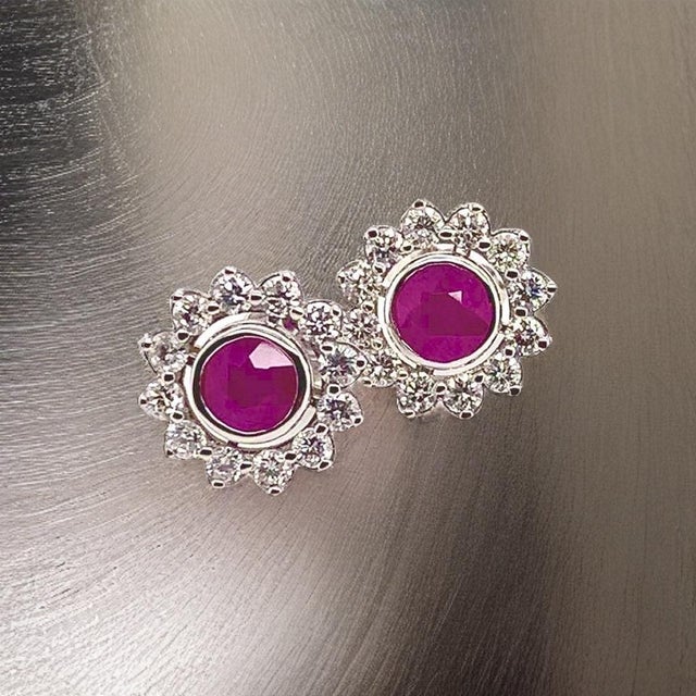 Metal Diamond Ruby Stud Earrings 14 Karat White Gold 1.87 TCW Certified For Sale - Image 7 of 18