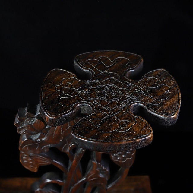 Huali Rosewood Carved Display Stand With Fish & Lotus Motif For Sale In Los Angeles - Image 6 of 9