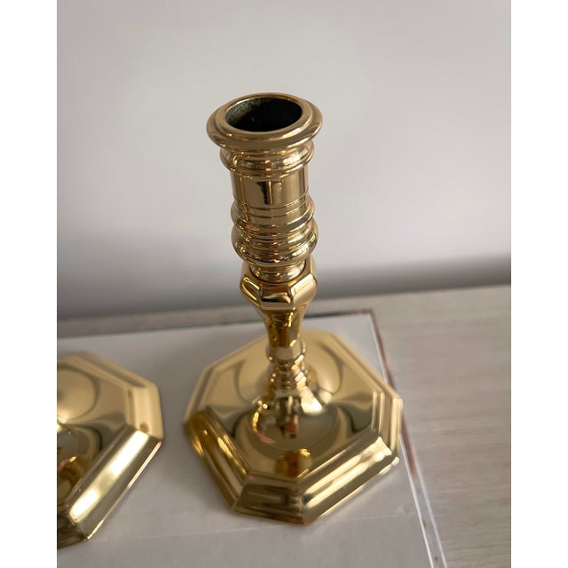 Brass Pair of Vintage Baldwin Brass Candlesticks, Octagonal Base, Usa Made, 6.75" For Sale - Image 8 of 8