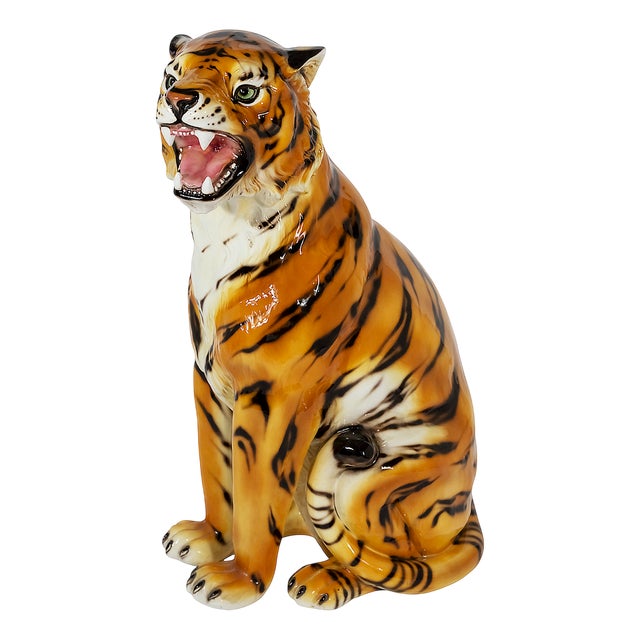 Large Vintage Italian Hand Made Glazed Ceramic Tiger Sculpture, 1980s For Sale