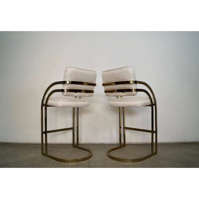 Metal 1980’s Art Deco Hollywood Regency Brass Bar Stools - A Pair For Sale - Image 7 of 12